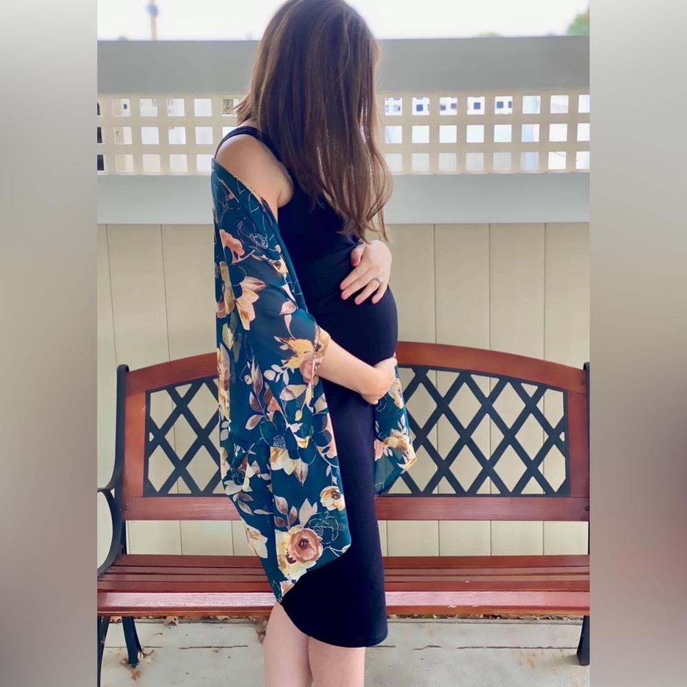 Pink blush forest green sheer kimono. One size